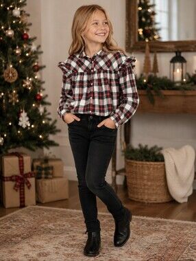 Gap Girls 8 Red Green Tartan Plaid Ruffle Shirt Christmas Holiday Preppy Top